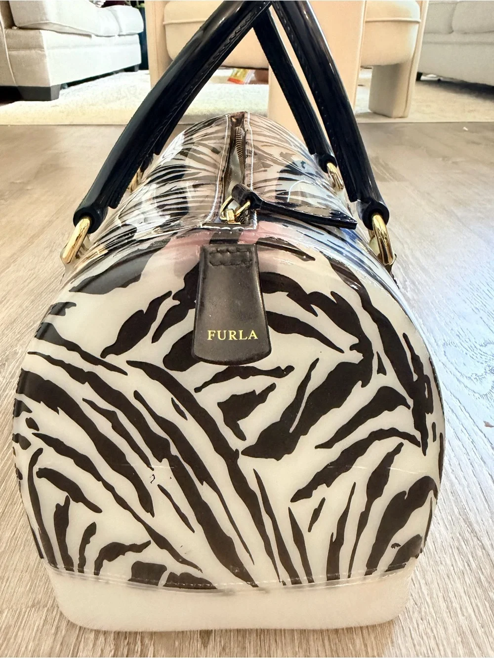 Furla Black & White Zebra-Print Dome Jelly Satchel